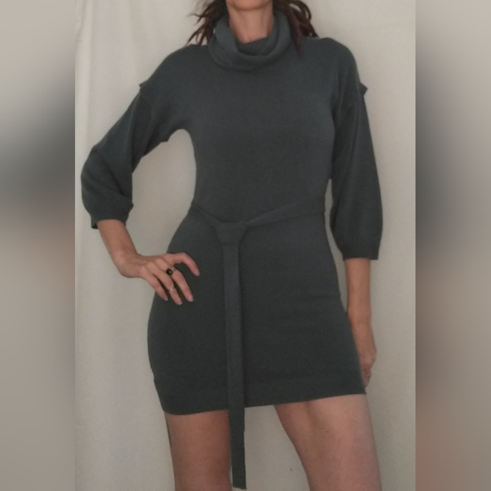POPulation Grey/Green Cowl Neck Mini Sweater Dress S/M